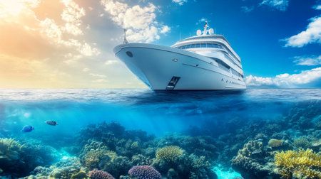 A stunning luxury yacht floats above a vibrant coral reef, showcasing the beauty of tropical waters, perfect for travel and adventure photography.の素材