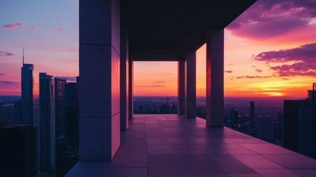 Experience a breathtaking urban sunset from a rooftop gallery, showcasing vibrant colors and a peaceful ambiance against a stunning city skyline.の素材