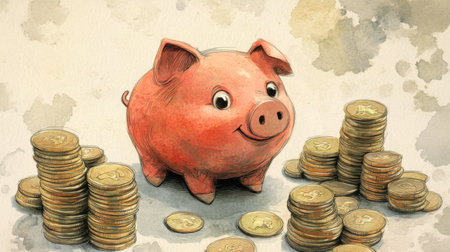 A charming illustration of a piggy bank surrounded by coins, symbolizing savings and financial goals. Perfect for concepts of wealth and prosperity.の素材
