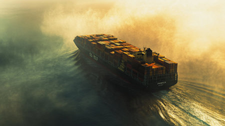 A large container ship navigates misty waters, showcasing the essence of maritime transport and the complexity of global trade routes.の素材