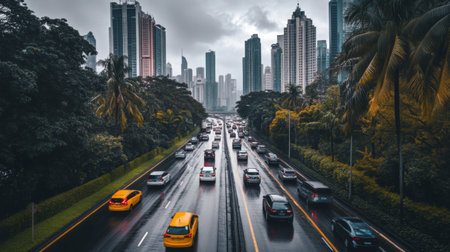 A busy urban roadway filled with cars under gray skies. Skyscrapers loom in the backdrop, highlighting the impressive city skyline on a rainy day.の素材