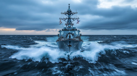 A striking image of a naval destroyer navigating through turbulent ocean waves, showcasing the strength and power of military maritime vessels against a dramatic sky.の素材