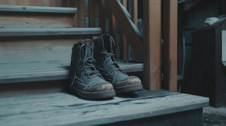 A pair of weathered boots resting on wooden steps, showcasing rugged outdoor style. Perfect for themes of adventure, nature, and exploration.の素材