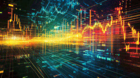 This abstract digital artwork illustrates vibrant financial data visualization, showcasing energetic trends and statistics in a modern tech environment.の素材