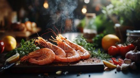 Fresh shrimp displayed on a rustic wooden cutting board with herbs and spices, ready for cooking. Perfect for culinary enthusiasts and seafood lovers.の素材