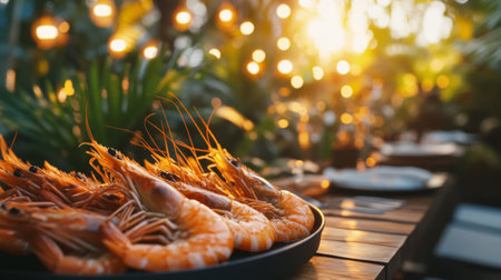 A beautifully arranged plate of fresh shrimp set against a sunset backdrop, ideal for summer gatherings or outdoor dining experiences. The vibrant scene captures the essence of seaside cuisine and relaxation.の素材