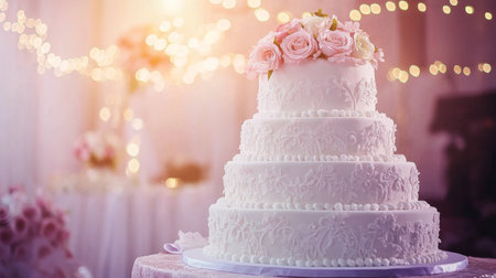 An elegant three-tiered wedding cake adorned with delicate floral accents, perfect for a romantic celebration. A beautiful dessert for any special event.の素材