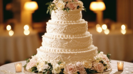 A stunning, tiered white wedding cake adorned with delicate floral decorations, perfect for enhancing the elegance of any special event or celebration.の素材