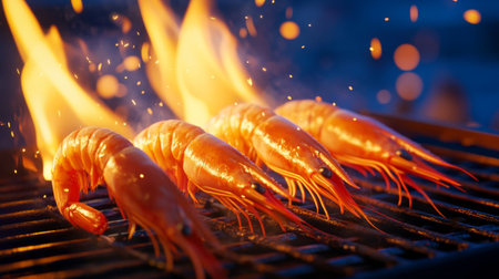 Juicy shrimp sizzling over an outdoor grill, surrounded by flames and smoke. Perfect for summer gatherings, this vibrant seafood dish offers a delightful culinary experience.の素材