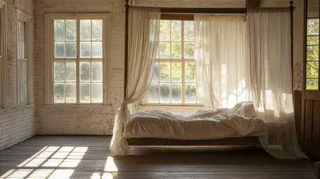 A serene bedroom featuring soft fabrics and abundant natural light, with a cozy bed dressed in white linens. The room embodies tranquility and simplicity, perfect for relaxation.の素材