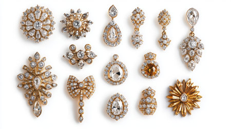 Discover a stunning collection of vintage jewelry brooches featuring intricate designs and sparkling gemstones, perfect for adding elegance to any outfit.の素材