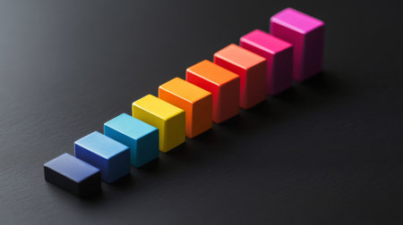 A vibrant arrangement of colorful blocks in gradient order on a sleek black background. This minimalist design showcases geometric shapes and a pleasing visual aesthetic.の素材
