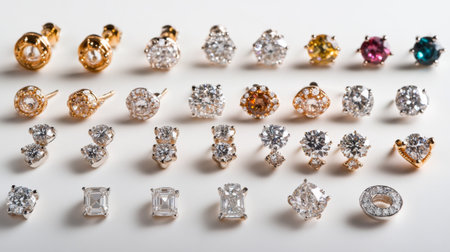 A visually striking array of elegant stud earrings featuring various gemstones and sparkling diamonds, perfect for showcasing fashion and luxury accessories.の素材