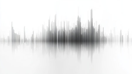 A serene and minimalist illustration of an abstract city skyline with blurred reflections, showcasing modern architecture and a tranquil aesthetic.の素材