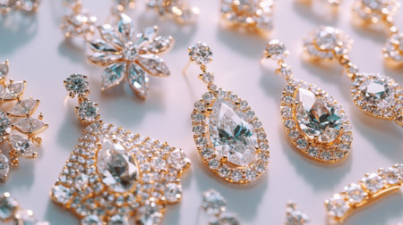 A stunning display of elegant jewelry featuring sparkling earrings and intricate designs, perfect for showcasing luxury and beauty in fashion accessories.の素材