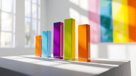 A set of vibrant glass bars in various colors creates a striking visual display. Natural light enhances the modern aesthetic in a contemporary space.の素材