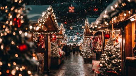 A picturesque Christmas market at night, adorned with twinkling lights and decorations. Snow-covered stalls and festive trees create a warm holiday atmosphere.の素材