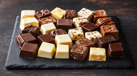 A tempting assortment of assorted chocolates arranged on a slate tray, perfect for sharing at celebrations or as an elegant dessert option.の素材