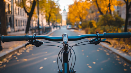Experience a vibrant autumn bike ride through city streets, showcasing the beautiful foliage and urban scenery from the handlebars perspective.の素材