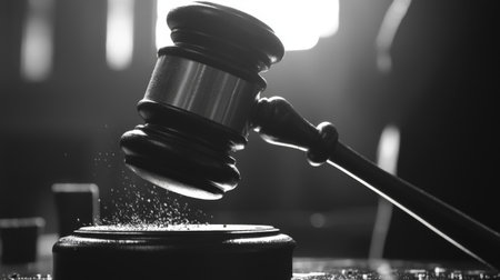 A powerful black and white image of a judge's gavel striking the sound block, capturing the essence of law, authority, and courtroom drama.の素材