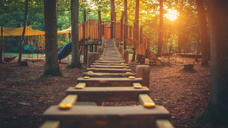 This image showcases a picturesque wooden bridge leading to a playground surrounded by trees, illuminated by the warm glow of sunset, creating a serene atmosphere for outdoor play.の素材