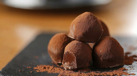A delightful close-up of rich chocolate truffles dusted with cocoa, presented on a dark slate plate, perfect for dessert lovers and gourmet treat enthusiasts.の素材