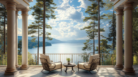 Enjoy a serene lake view from an elegant terrace adorned with classic columns. This tranquil setting combines nature's beauty with sophisticated design, creating the perfect escape.の素材