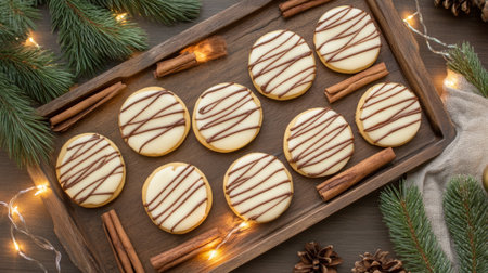 A delightful arrangement of festive cookies drizzled with chocolate, perfect for holiday celebrations. This cozy setup features natural elements.の素材