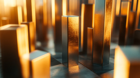 This artistic image features tall golden metallic structures reflecting warm light, creating a modern urban landscape. Ideal for backgrounds or designs.の素材