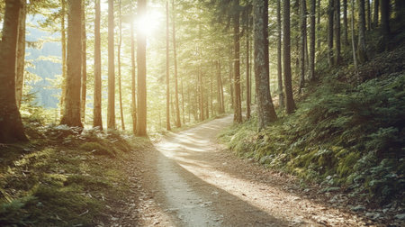 A serene forest pathway illuminated by golden hour light, surrounded by tall trees and lush foliage, perfect for nature lovers and outdoor enthusiasts.の素材