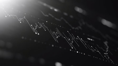 A stunning black and white abstract representation of data visualization, featuring dynamic lines and shapes that symbolize analytics and technology concepts.の素材