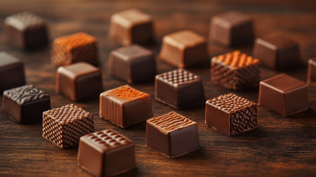 A beautiful assortment of assorted chocolates arranged artfully on a wooden surface, showcasing their rich textures and inviting appearance. Perfect for dessert lovers.の素材