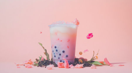 A delightful bubble tea featuring a blend of pastel colors and floral elements, perfect for summer. This refreshing drink is ideal for a trendy lifestyle.の素材
