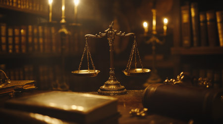 A captivating view of antique scales of justice surrounded by old books and dim candlelight, evoking a sense of profound wisdom and legal heritage.の素材