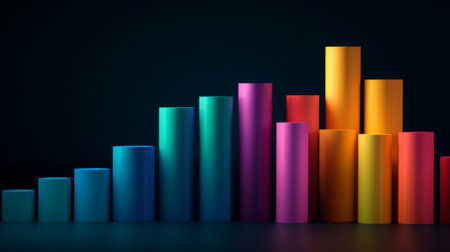 This image features a colorful bar graph set against a dark background. It visually represents data with vibrant cylindrical shapes, ideal for business and marketing presentations.の素材