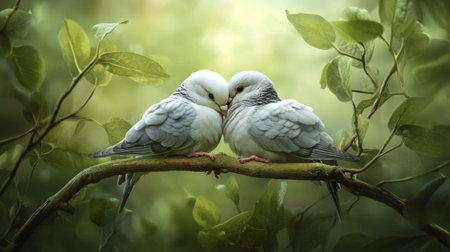 Two charming birds share an intimate moment on a branch, surrounded by lush greenery. This peaceful scene captures love and connection in nature.の素材