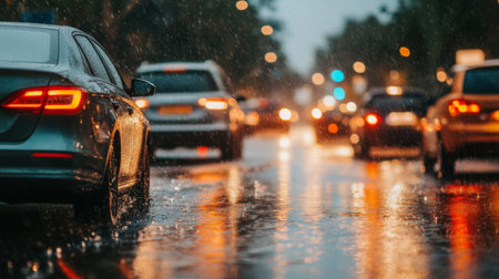 A vibrant scene capturing cars navigating a wet road during a rainstorm at night. The reflections of lights create a dynamic, moody atmosphere.の素材