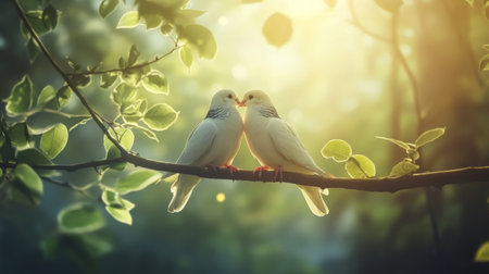 This enchanting image features two doves perched closely on a branch, surrounded by lush greenery and dappled sunlight, symbolizing love and connection.の素材