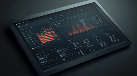 A sleek and modern dashboard showcasing data visualization elements, graphs, and analytics. Ideal for digital projects, technology presentations, or business analysis.の素材