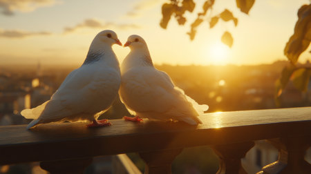 Two elegant doves face each other against a stunning sunset backdrop, embodying love and tranquility in nature. A perfect scene for romance and connection.の素材