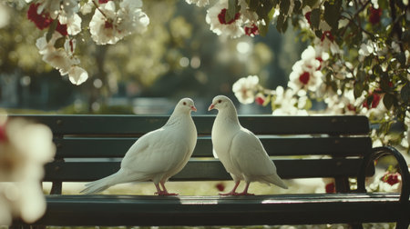 A charming scene featuring two white birds seated together on a bench surrounded by blooming flowers, capturing the essence of love and harmony in nature.の素材