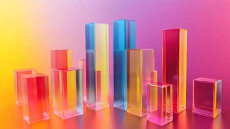 Vivid transparent blocks arranged on a colorful gradient background create an artistic and modern atmosphere, enhancing visual appeal and creativity.の素材