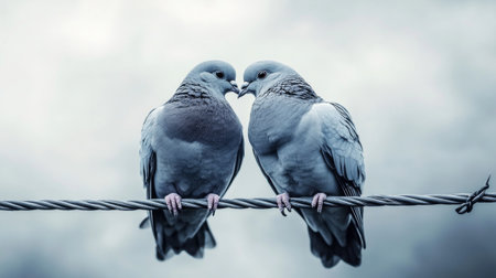 A serene image of two pigeons perched closely together on a wire, showcasing their bond against a soft, cloudy sky. Perfect for themes of love and harmony in nature.の素材