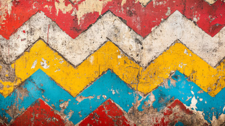 A vibrant chevron pattern with yellow, blue, and red hues showcases weathered paint on a rugged surface, perfect for artistic and abstract projects.の素材