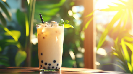 A refreshing glass of bubble tea sits on a wooden table, surrounded by vibrant green plants. The sunshine creates a warm, inviting atmosphere.の素材