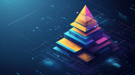 A vibrant abstract pyramid design in a digital space, featuring glowing neon colors and geometric layers, symbolizing technology and modern creativity.の素材