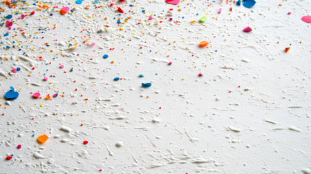 A vibrant display of colorful confetti scattered over a white textured surface, perfect for festive themes, celebrations, or creative projects.の素材