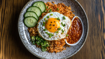 A vibrant plate of fried rice topped with a sunny-side-up egg, sliced cucumbers, and a side of spicy sauce, perfect for any meal.の素材