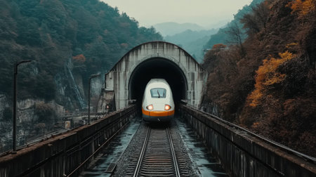 A sleek train emerges from a dark tunnel, surrounded by an autumn landscape. This captivating scene illustrates the journey of travel and exploration.の素材
