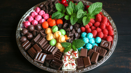 A vibrant dessert platter featuring an assortment of chocolates, fresh raspberries, colorful candies, and mint garnish, perfect for a festive celebration.の素材
